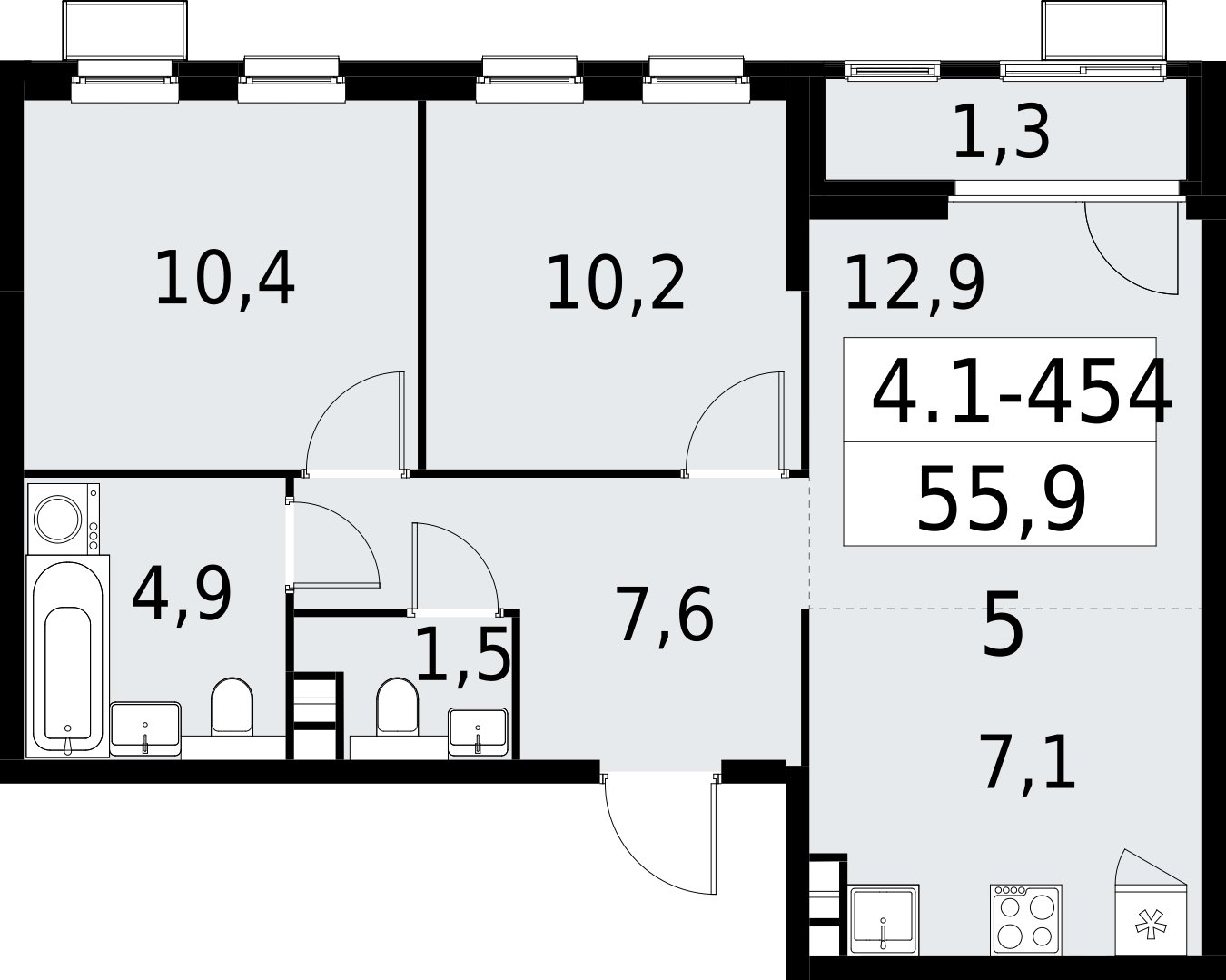 3-комнатная квартира (евро) с полной отделкой, 55.9 м2, 8 этаж, сдача 2 квартал 2027 г., ЖК Южные сады, корпус 4.1.2 - объявление 2392959 - фото №1