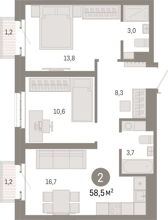 2-комнатная квартира с частичной отделкой, 58.5 м2, 13 этаж, сдача 3 квартал 2026 г., ЖК Квартал Метроном, корпус 1 - объявление 2300594 - фото №1