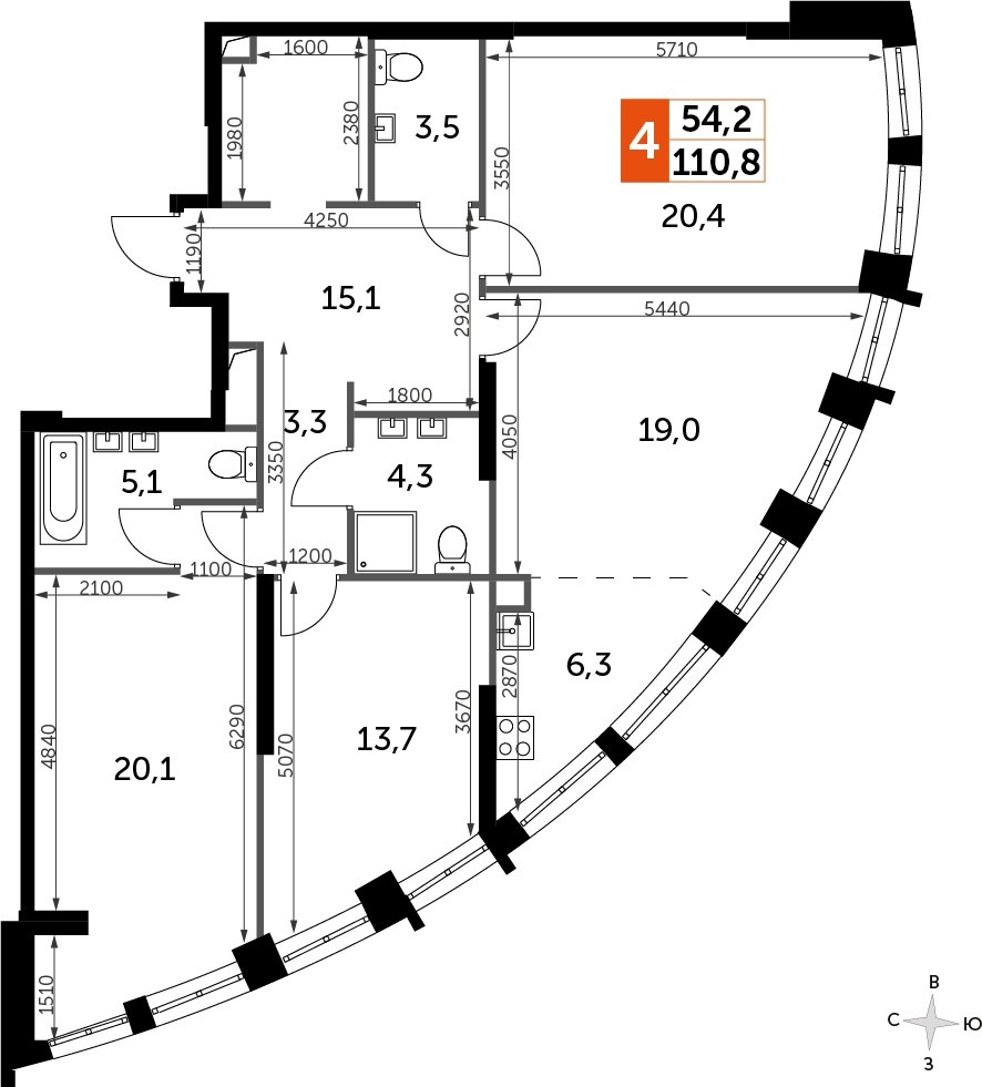 3-комнатная квартира с частичной отделкой, 110.8 м2, 30 этаж, сдача 3 квартал 2024 г., ЖК Sydney City, корпус 2.2 - объявление 2266934 - фото №1