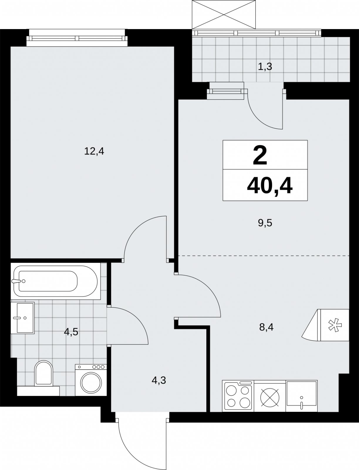 2-комнатная квартира (евро) без отделки, 40.4 м2, 5 этаж, сдача 2 квартал 2026 г., ЖК Бунинские кварталы, корпус 9.1 - объявление 2323490 - фото №1