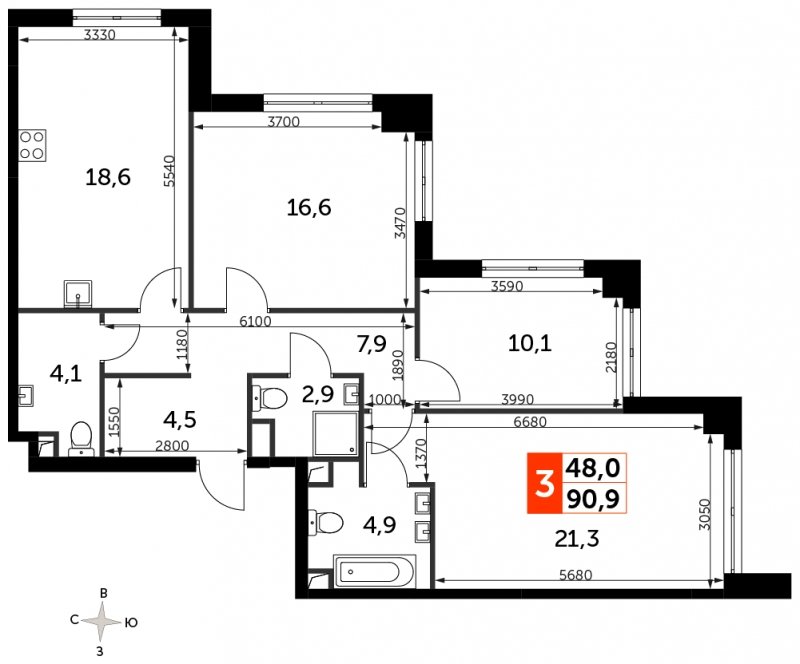 3-комнатная квартира с частичной отделкой, 90.9 м2, 20 этаж, сдача 3 квартал 2024 г., ЖК Sydney City, корпус 2.2 - объявление 1652448 - фото №1