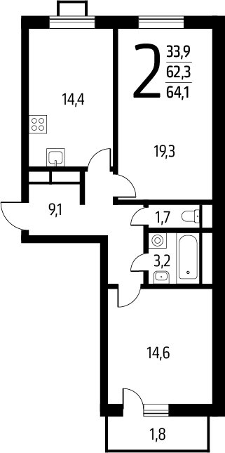 2-комнатная квартира с полной отделкой, 64.1 м2, 5 этаж, сдача 1 квартал 2025 г., ЖК Новые Ватутинки. Заречный, корпус 5/3 - объявление 2271800 - фото №1