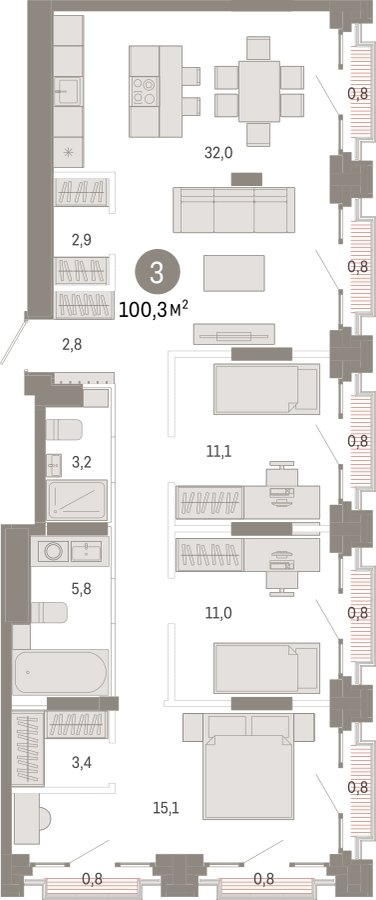 3-комнатная квартира с частичной отделкой, 100.3 м2, 31 этаж, сдача 3 квартал 2026 г., ЖК Квартал Метроном, корпус 1 - объявление 2300667 - фото №1
