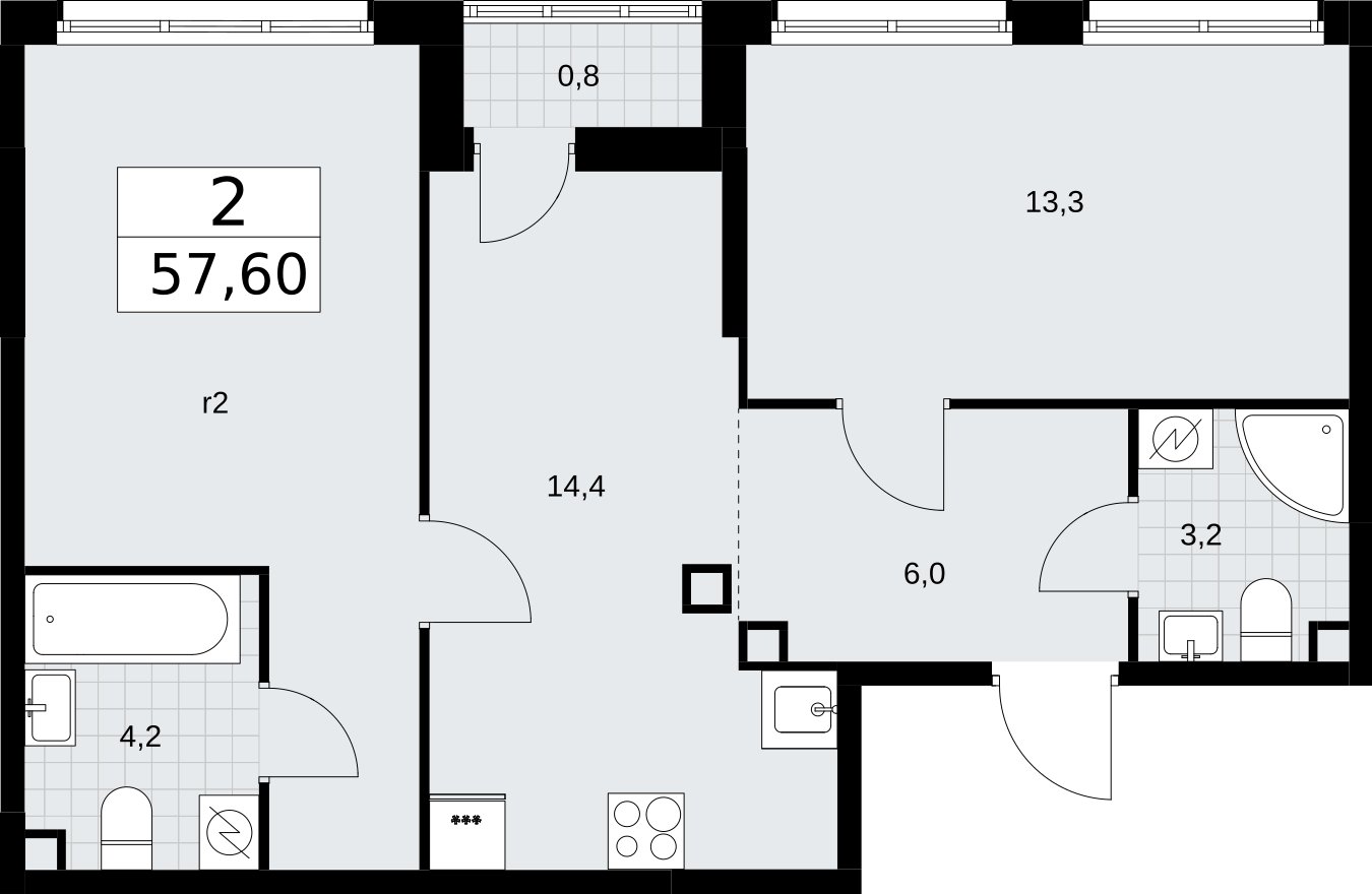2-комнатная квартира с полной отделкой, 57.6 м2, 2 этаж, сдача 4 квартал 2026 г., ЖК Родные кварталы, корпус 3.3 - объявление 2378546 - фото №1