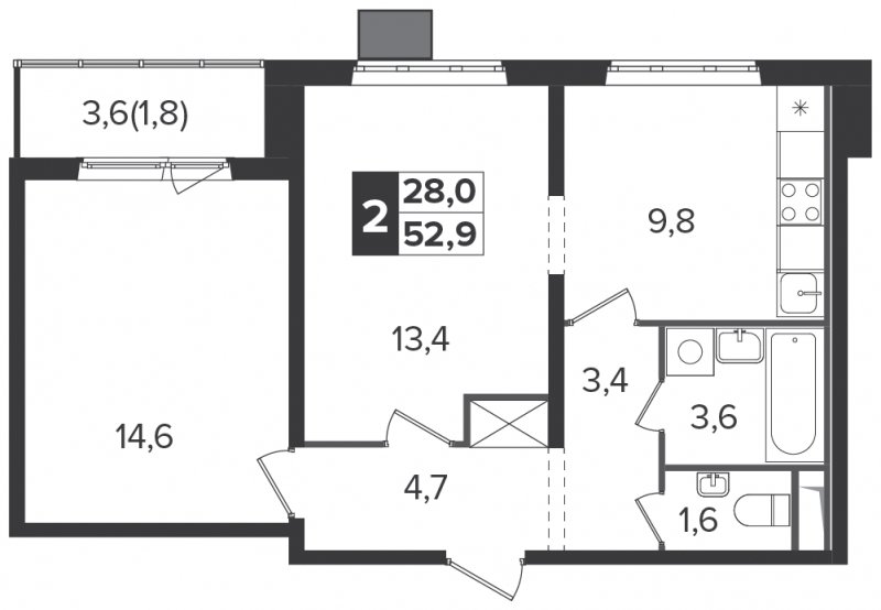 2-комнатная квартира с частичной отделкой, 52.9 м2, 3 этаж, дом сдан, ЖК Южная Битца, корпус 6 - объявление 1314066 - фото №1