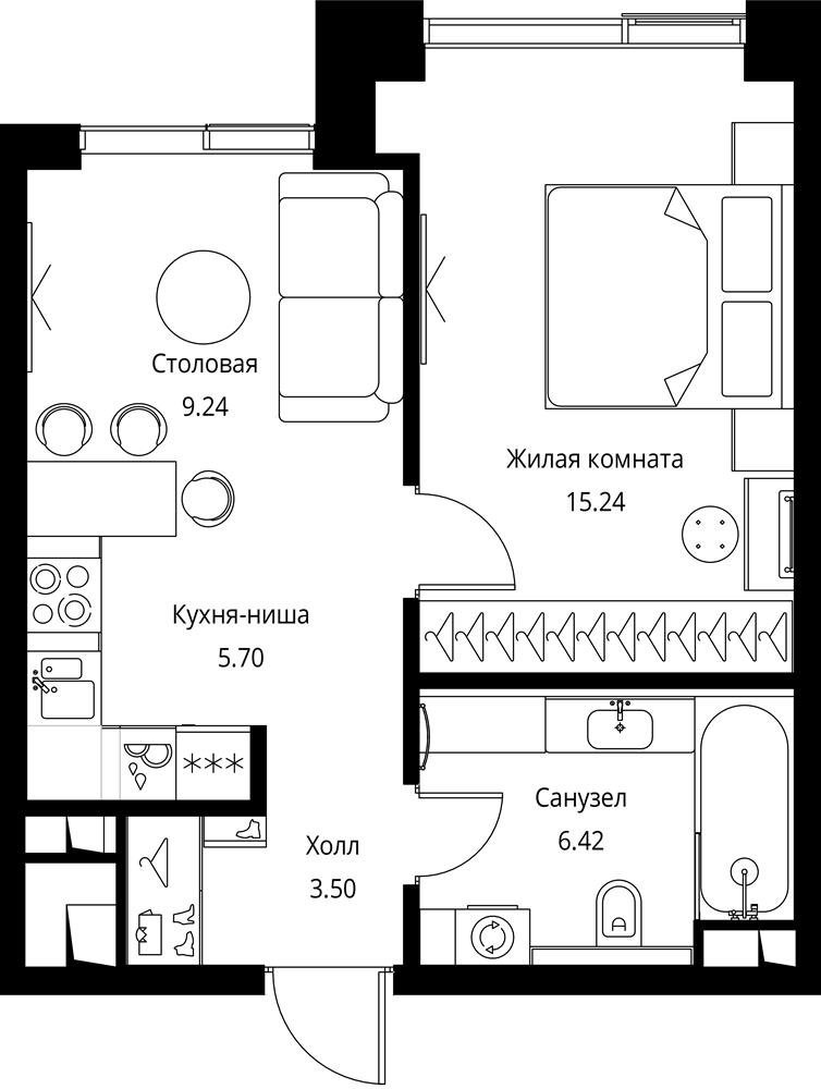 1-комнатная квартира с частичной отделкой, 40.3 м2, 14 этаж, сдача 3 квартал 2026 г., ЖК City Bay, корпус North Ocean 6 - объявление 2277712 - фото №1