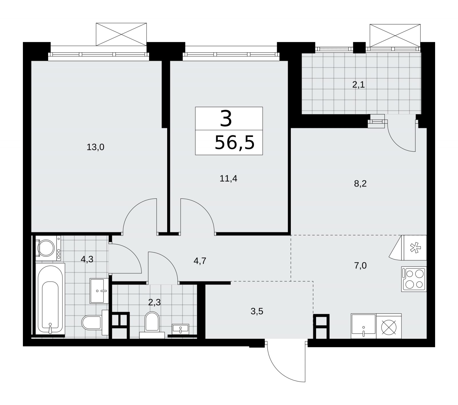 3-комнатная квартира (евро) без отделки, 56.5 м2, 3 этаж, сдача 2 квартал 2026 г., ЖК Скандинавия, корпус 25.6 - объявление 2284247 - фото №1