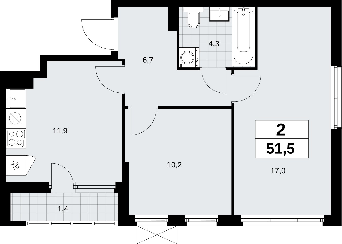 2-комнатная квартира без отделки, 51.5 м2, 3 этаж, сдача 1 квартал 2026 г., ЖК Дзен-кварталы, корпус 6.2.1 - объявление 2328575 - фото №1