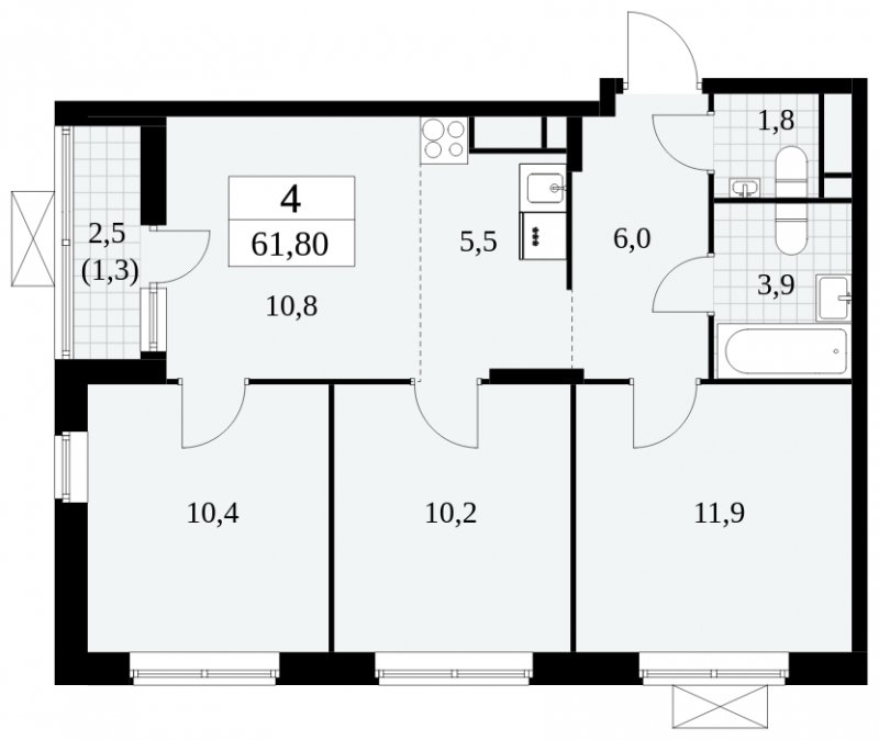 4-комнатная квартира (евро) без отделки, 61.8 м2, 11 этаж, сдача 2 квартал 2024 г., ЖК Прокшино, корпус 6.1 - объявление 1662544 - фото №1