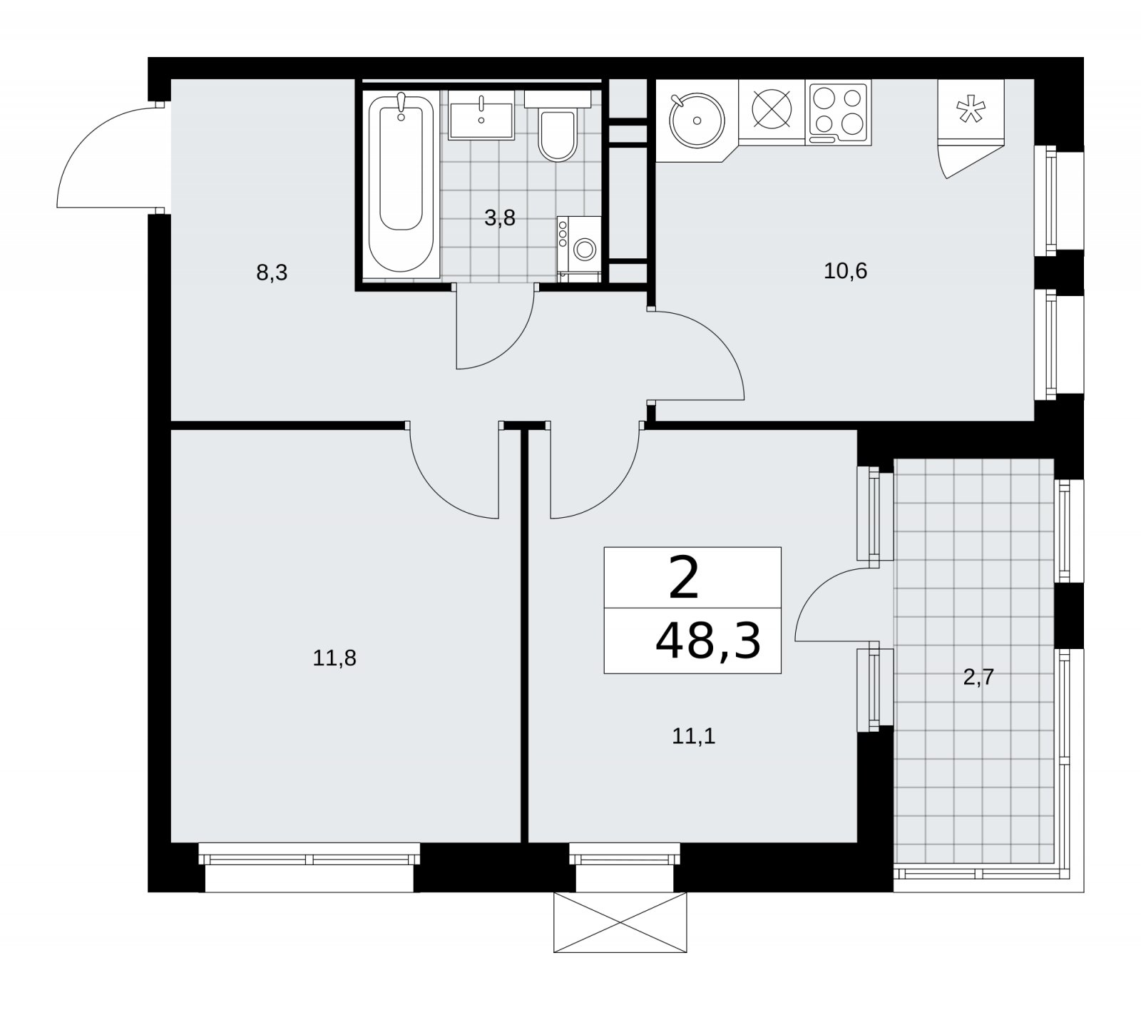 2-комнатная квартира с частичной отделкой, 48.3 м2, 13 этаж, сдача 2 квартал 2026 г., ЖК Скандинавия, корпус 25.2 - объявление 2283566 - фото №1