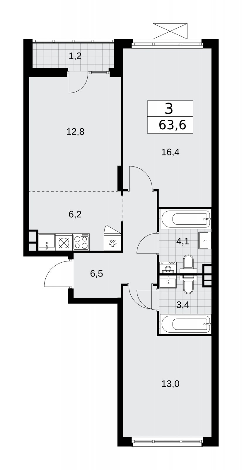 3-комнатная квартира (евро) с полной отделкой, 63.6 м2, 11 этаж, сдача 2 квартал 2026 г., ЖК Деснаречье, корпус 4.7 - объявление 2264888 - фото №1
