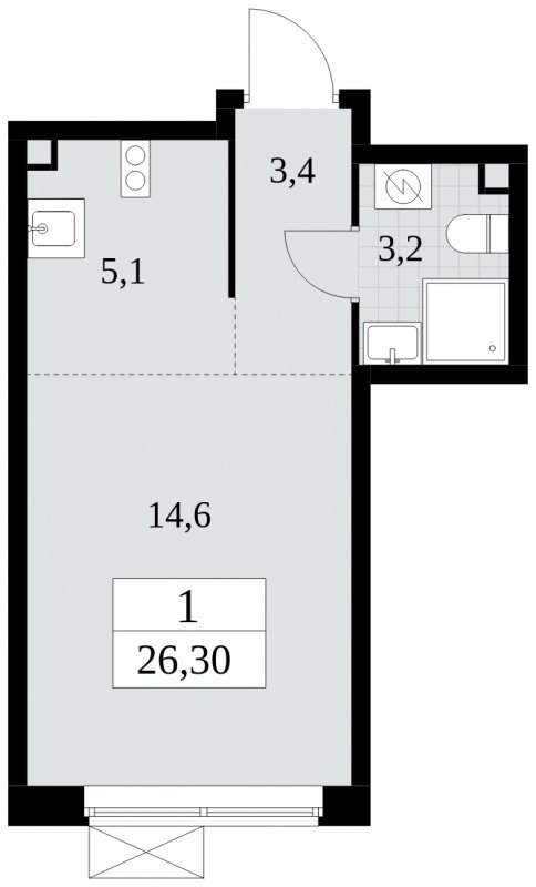 Студия с частичной отделкой, 26.3 м2, 2 этаж, сдача 2 квартал 2025 г., ЖК Прокшино, корпус 5.1.1 - объявление 1859836 - фото №1
