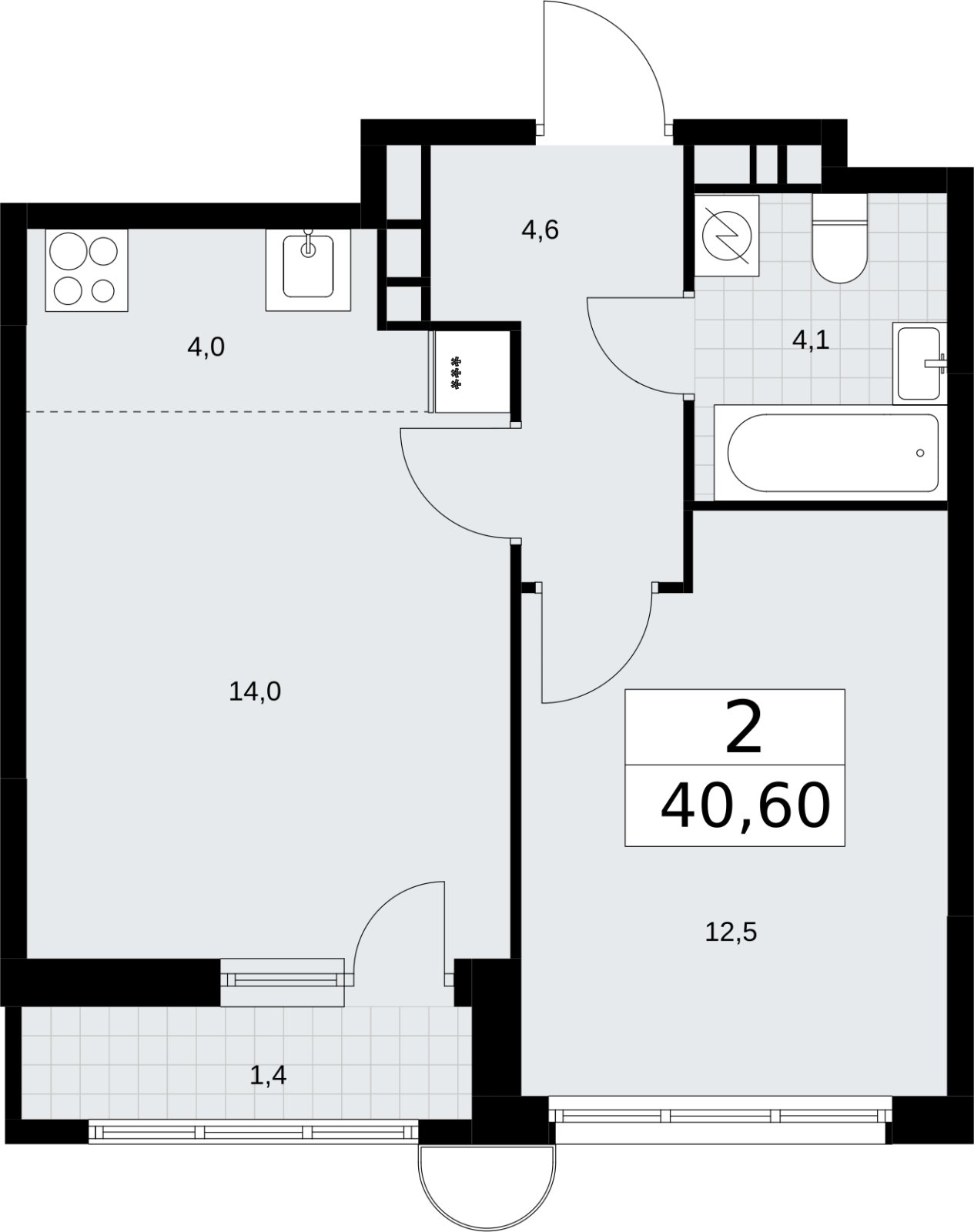 2-комнатная квартира (евро) без отделки, 40.6 м2, 7 этаж, сдача 3 квартал 2026 г., ЖК Родные кварталы, корпус 3.1 - объявление 2378203 - фото №1