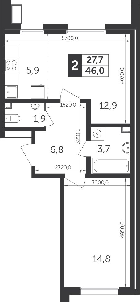 2-комнатная квартира с частичной отделкой, 46.2 м2, 6 этаж, дом сдан, ЖК Датский квартал, корпус 1 - объявление 1975372 - фото №1