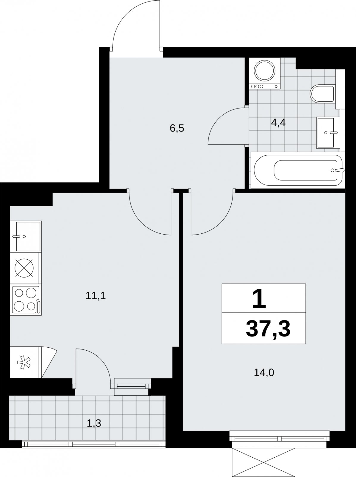 1-комнатная квартира без отделки, 37.3 м2, 7 этаж, сдача 2 квартал 2026 г., ЖК Бунинские кварталы, корпус 9.1 - объявление 2324015 - фото №1