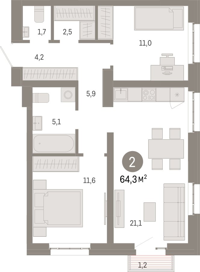 2-комнатная квартира 64.3 м2, 7 этаж, сдача 3 квартал 2026 г., ЖК Квартал Метроном, корпус 1 - объявление 2310787 - фото №1
