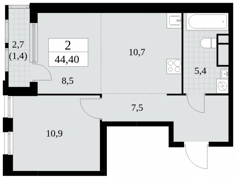 2-комнатная квартира (евро) с полной отделкой, 44.4 м2, 17 этаж, сдача 2 квартал 2025 г., ЖК Южные сады, корпус 2.1 - объявление 1760022 - фото №1