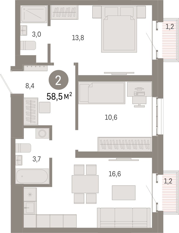 2-комнатная квартира с частичной отделкой, 58.5 м2, 12 этаж, сдача 3 квартал 2026 г., ЖК Квартал Метроном, корпус 1 - объявление 2380870 - фото №1