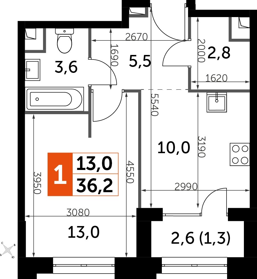 1-комнатная квартира с частичной отделкой, 36.2 м2, 7 этаж, дом сдан, ЖК Sydney City, корпус 1 - объявление 2212334 - фото №1