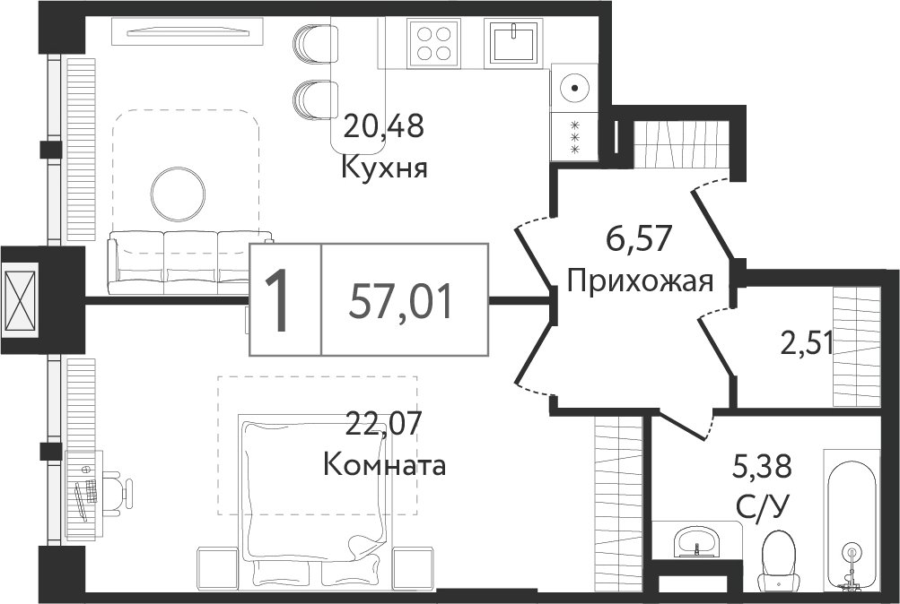 1-комнатная квартира без отделки, 57.01 м2, 11 этаж, сдача 3 квартал 2023 г., ЖК Dream Towers, корпус 1 - объявление 2261202 - фото №1