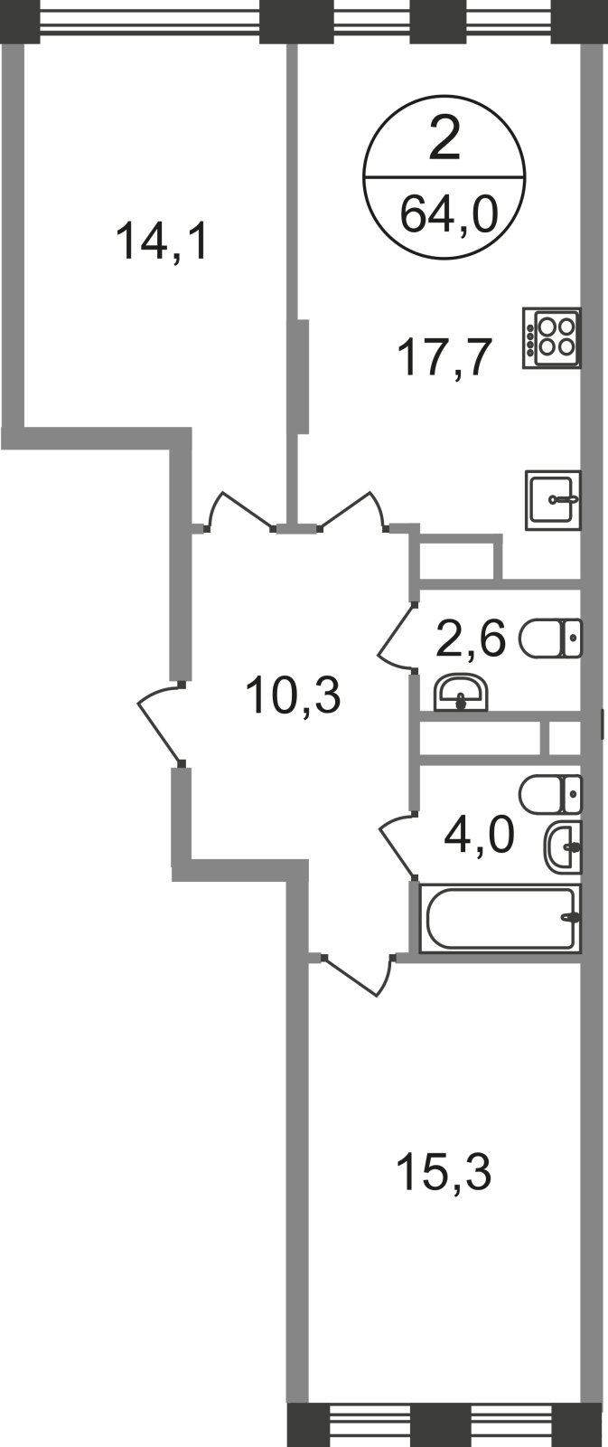 2-комнатная квартира без отделки, 64 м2, 5 этаж, сдача 1 квартал 2025 г., ЖК город-парк Переделкино Ближнее, корпус 17-1 - объявление 2351861 - фото №1