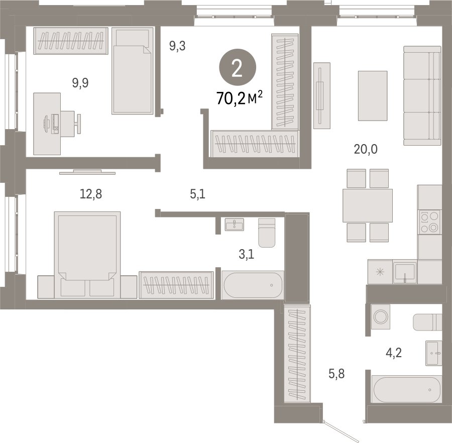 3-комнатная квартира с частичной отделкой, 70.2 м2, 3 этаж, сдача 3 квартал 2026 г., ЖК Квартал Метроном, корпус 1 - объявление 2396811 - фото №1