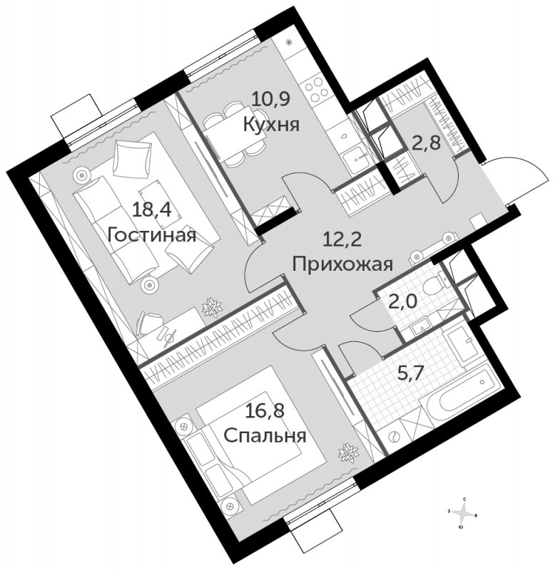 2-комнатная квартира с частичной отделкой, 68.8 м2, 9 этаж, сдача 3 квартал 2023 г., ЖК UP-квартал Римский, корпус 7 - объявление 1496386 - фото №1