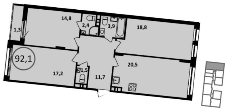 3-комнатная квартира с частичной отделкой, 92.8 м2, 9 этаж, сдача 1 квартал 2023 г., ЖК Испанские кварталы, корпус 5.5 - объявление 1813247 - фото №1
