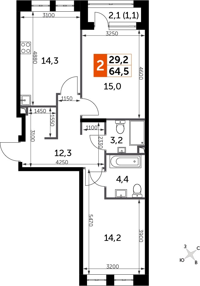 2-комнатная квартира с полной отделкой, 64.5 м2, 2 этаж, сдача 3 квартал 2024 г., ЖК Sydney City, корпус 2.1 - объявление 2207299 - фото №1