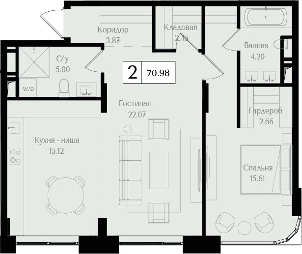 2-комнатная квартира (евро) без отделки, 68.54 м2, 5 этаж, сдача 3 квартал 2025 г., ЖК Преображенская площадь, корпус 3 - объявление 2266136 - фото №1