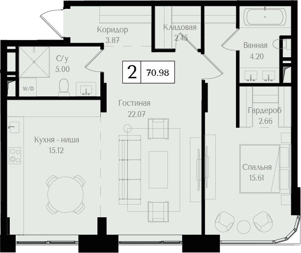 2-комнатная квартира (евро) без отделки, 70.98 м2, 9 этаж, сдача 3 квартал 2025 г., ЖК Преображенская площадь, корпус 3 - объявление 2405750 - фото №1