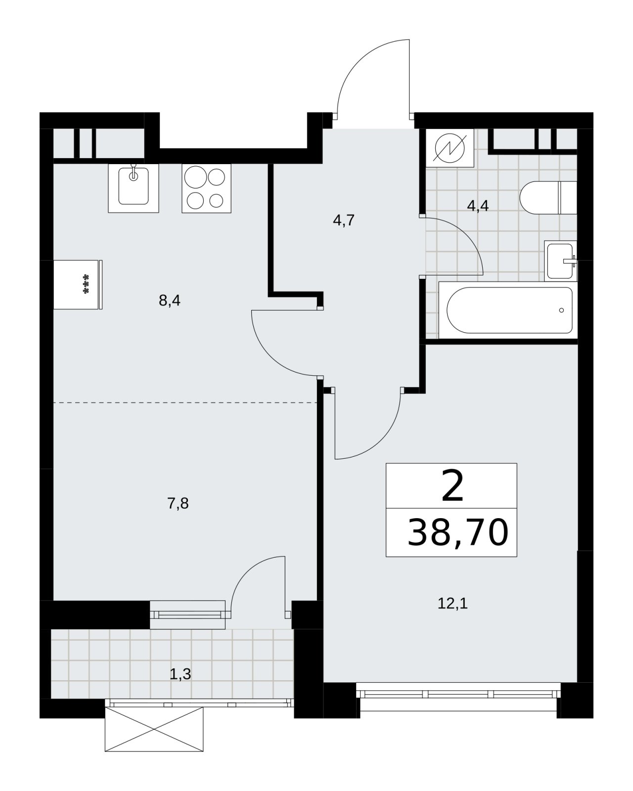 2-комнатная квартира (евро) с частичной отделкой, 38.7 м2, 14 этаж, сдача 4 квартал 2025 г., ЖК Скандинавия, корпус 28.4 - объявление 2202719 - фото №1