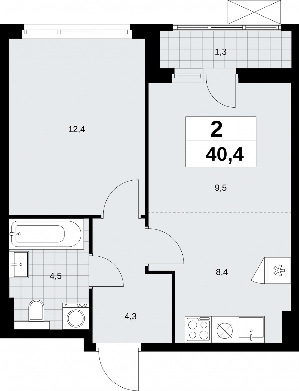 2-комнатная квартира (евро) без отделки, 40.4 м2, 3 этаж, сдача 2 квартал 2026 г., ЖК Бунинские кварталы, корпус 9.1 - объявление 2323478 - фото №1