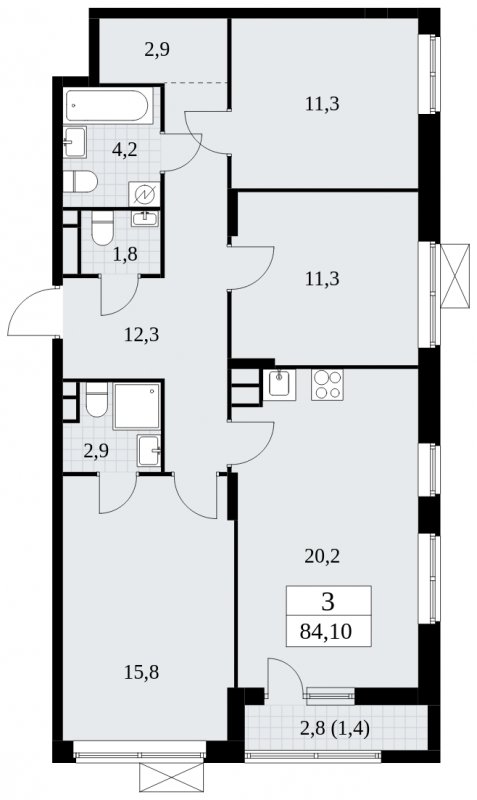3-комнатная квартира без отделки, 84.1 м2, 3 этаж, сдача 1 квартал 2025 г., ЖК Прокшино, корпус 5.1.3 - объявление 1810724 - фото №1