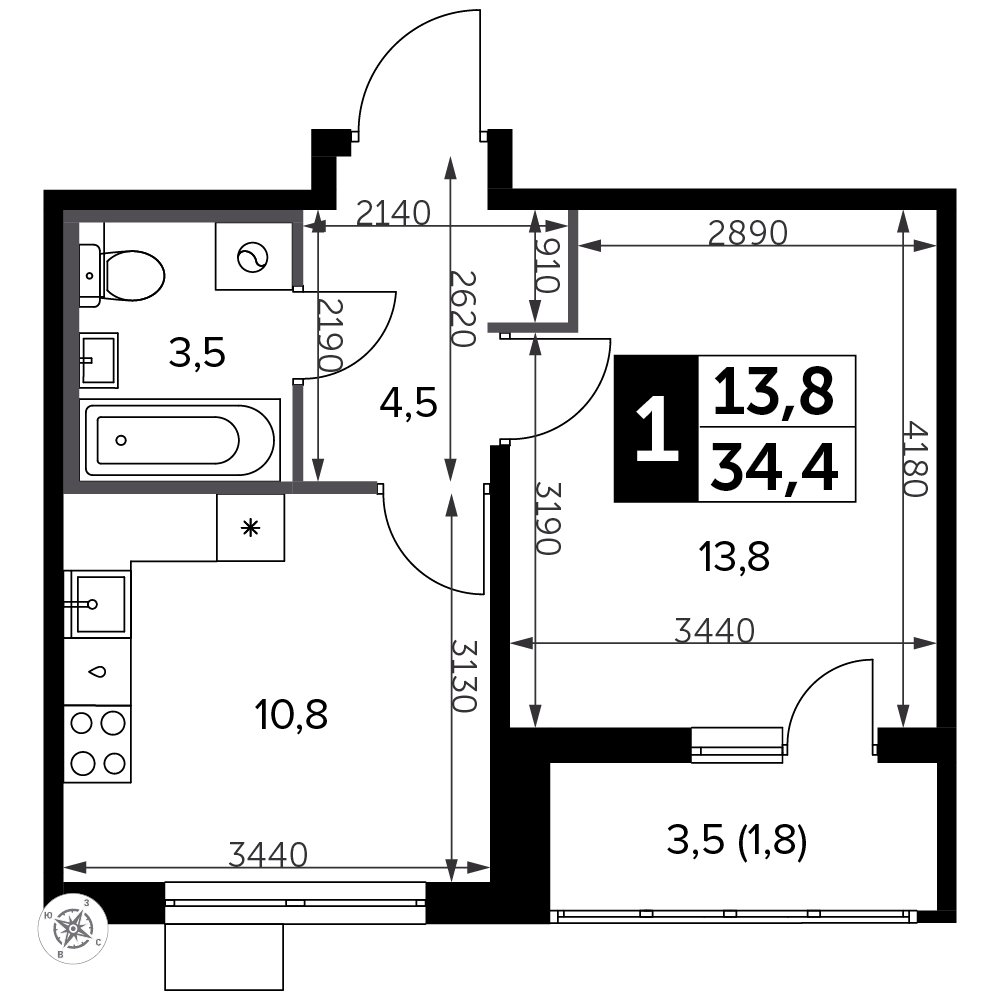 1-комнатная квартира с полной отделкой, 34.4 м2, 18 этаж, дом сдан, ЖК Южная Битца, корпус 11 - объявление 2208132 - фото №1