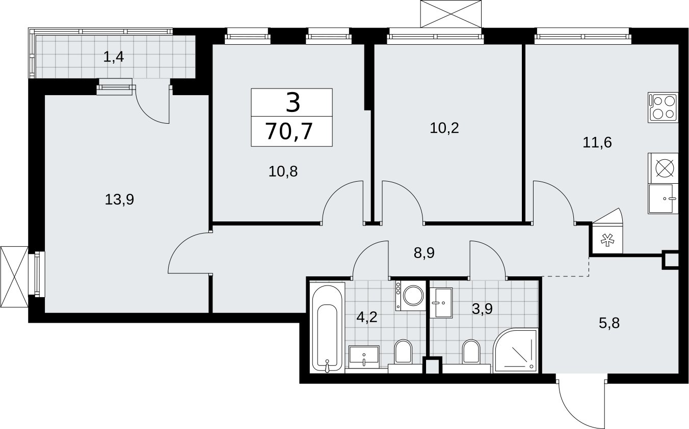 3-комнатная квартира без отделки, 70.7 м2, 2 этаж, сдача 2 квартал 2026 г., ЖК Бунинские кварталы, корпус 7.3 - объявление 2313835 - фото №1