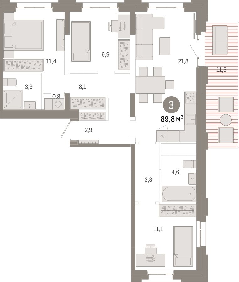 3-комнатная квартира с частичной отделкой, 89.8 м2, 2 этаж, сдача 3 квартал 2026 г., ЖК Квартал Метроном, корпус 1 - объявление 2331026 - фото №1