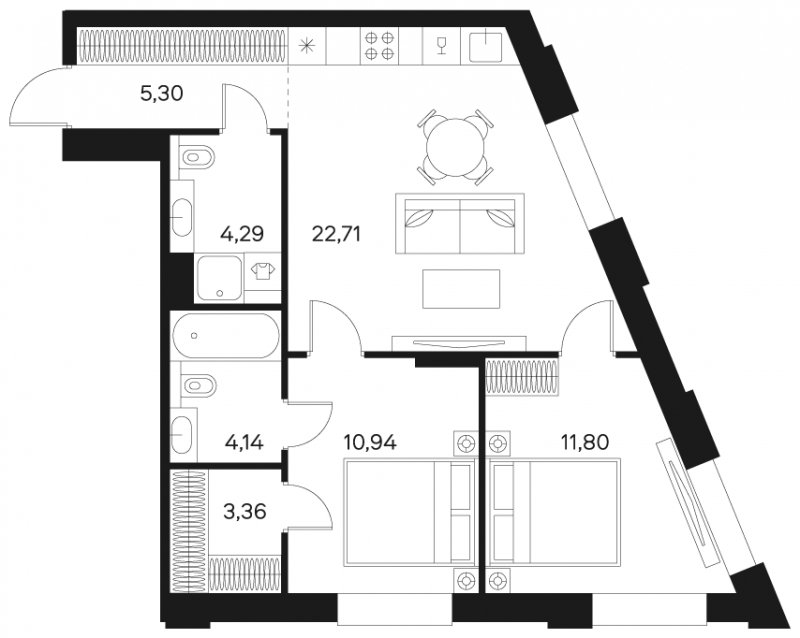 2-комнатная квартира без отделки, 62.54 м2, 3 этаж, сдача 4 квартал 2024 г., ЖК FØRST, корпус 2 - объявление 1942928 - фото №1