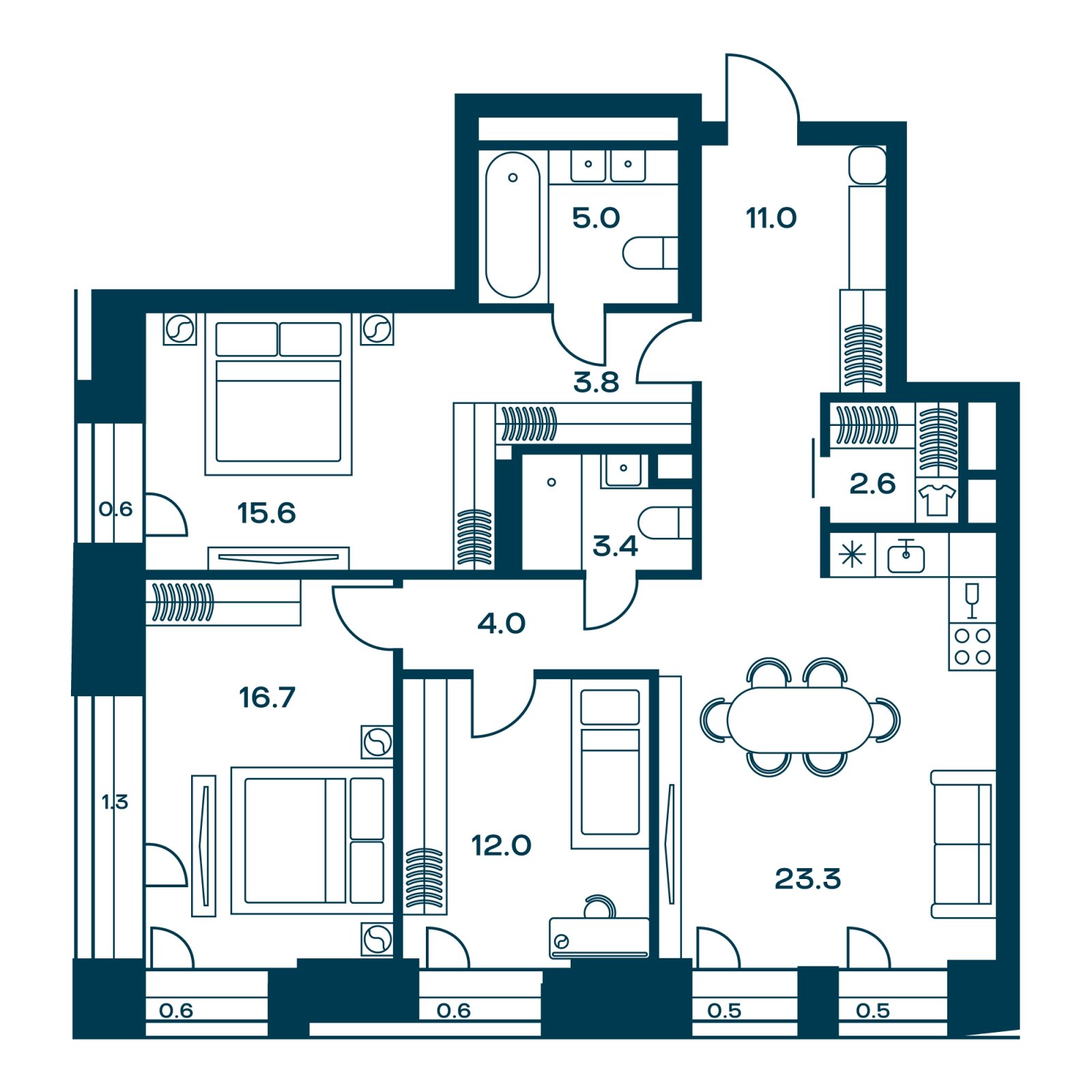 3-комнатная квартира с частичной отделкой, 98.8 м2, 11 этаж, сдача 4 квартал 2026 г., ЖК SOUL, корпус 1 - объявление 2329850 - фото №1