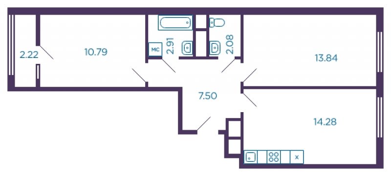2-комнатная квартира без отделки, 52.7 м2, 8 этаж, дом сдан, ЖК Миниполис Дивное, корпус 15 - объявление 1685748 - фото №1