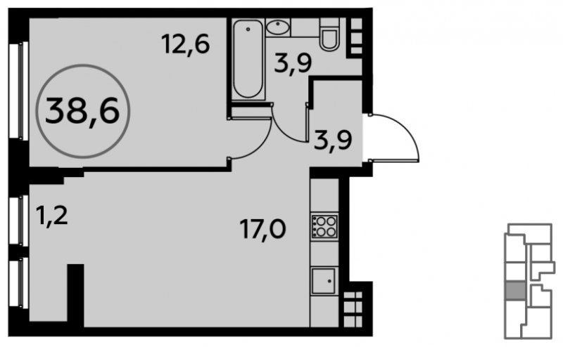 1-комнатная квартира без отделки, 38.6 м2, 8 этаж, сдача 1 квартал 2022 г., ЖК Скандинавия, корпус 7.2 - объявление 1222270 - фото №1