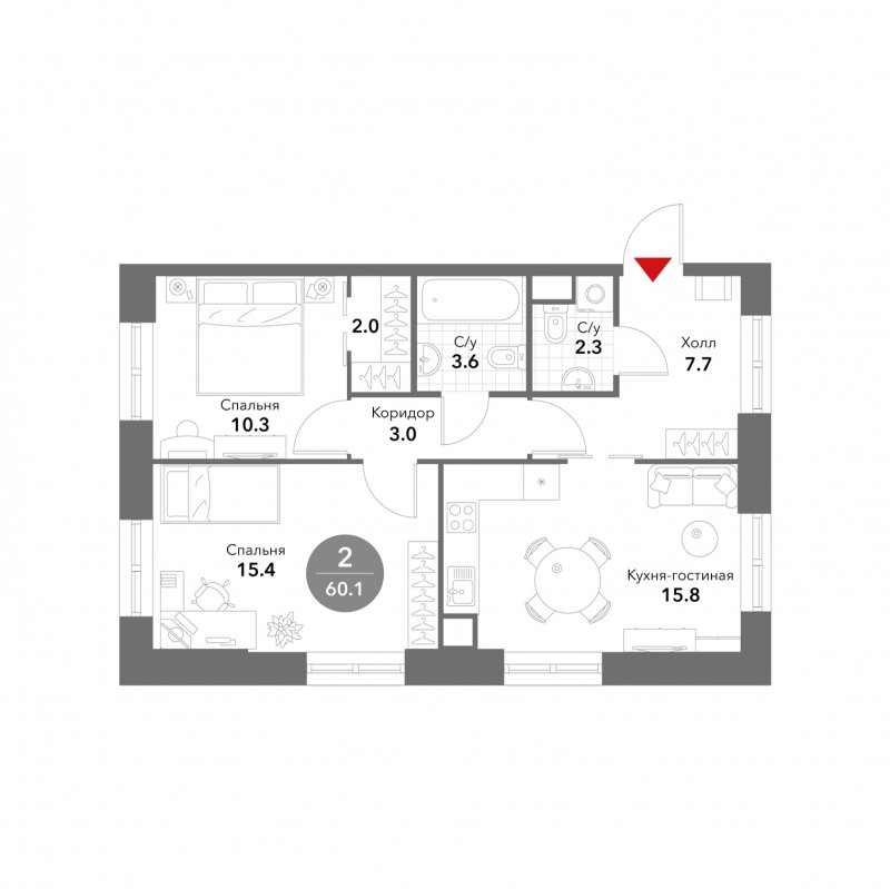 2-комнатные апартаменты без отделки, 60.1 м2, 9 этаж, сдача 3 квартал 2025 г., ЖК VOXHALL, корпус 4 - объявление 1793731 - фото №1