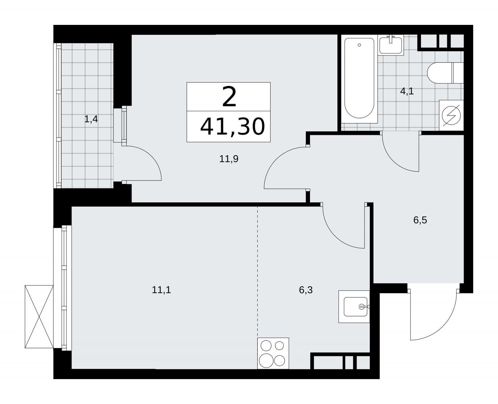 2-комнатная квартира (евро) без отделки, 41.3 м2, 6 этаж, сдача 3 квартал 2025 г., ЖК Бунинские кварталы, корпус 3.2 - объявление 2151853 - фото №1