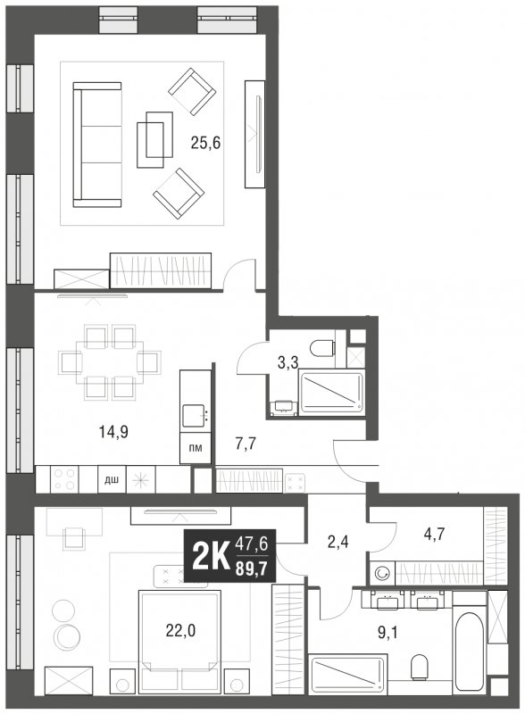 2-комнатная квартира с частичной отделкой, 89.7 м2, 2 этаж, сдача 2 квартал 2024 г., ЖК AFI Tower, корпус 1 - объявление 1930768 - фото №1