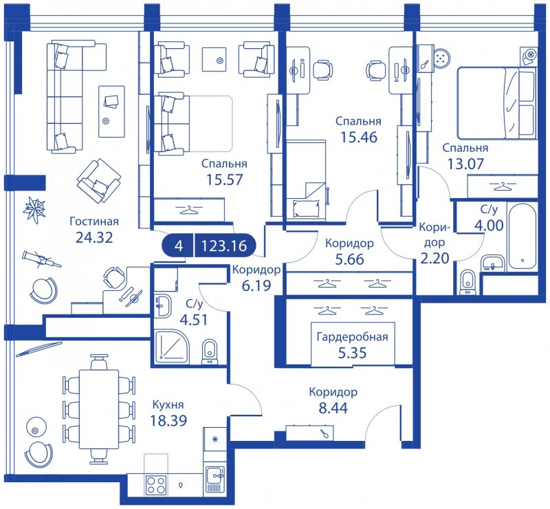 4-комнатная квартира без отделки, 128.84 м2, 31 этаж, сдача 4 квартал 2023 г., ЖК iLove, корпус 3 - объявление 1774585 - фото №1