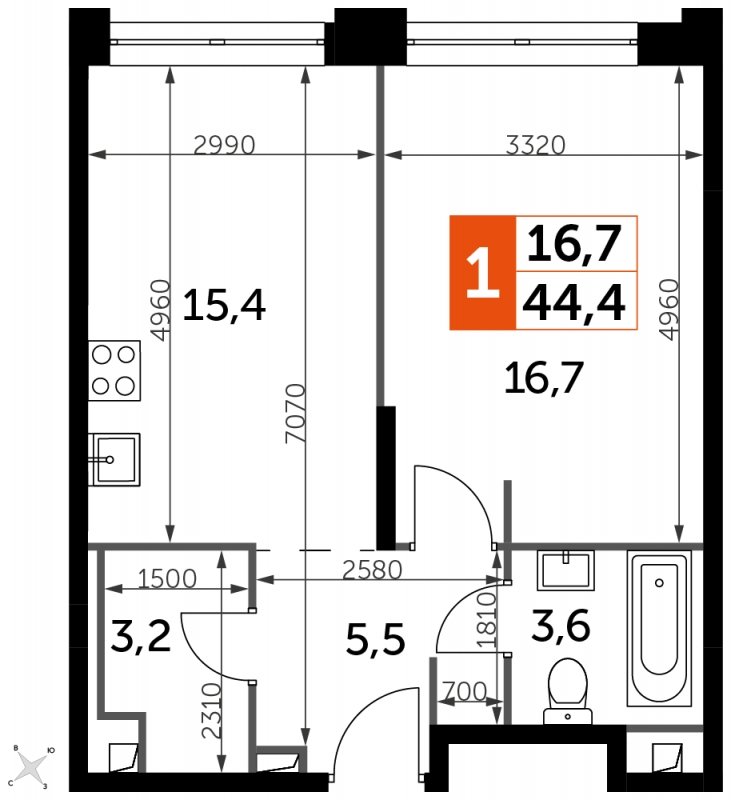 1-комнатная квартира с частичной отделкой, 44.4 м2, 32 этаж, сдача 1 квартал 2023 г., ЖК Sydney City, корпус 3 - объявление 1569052 - фото №1
