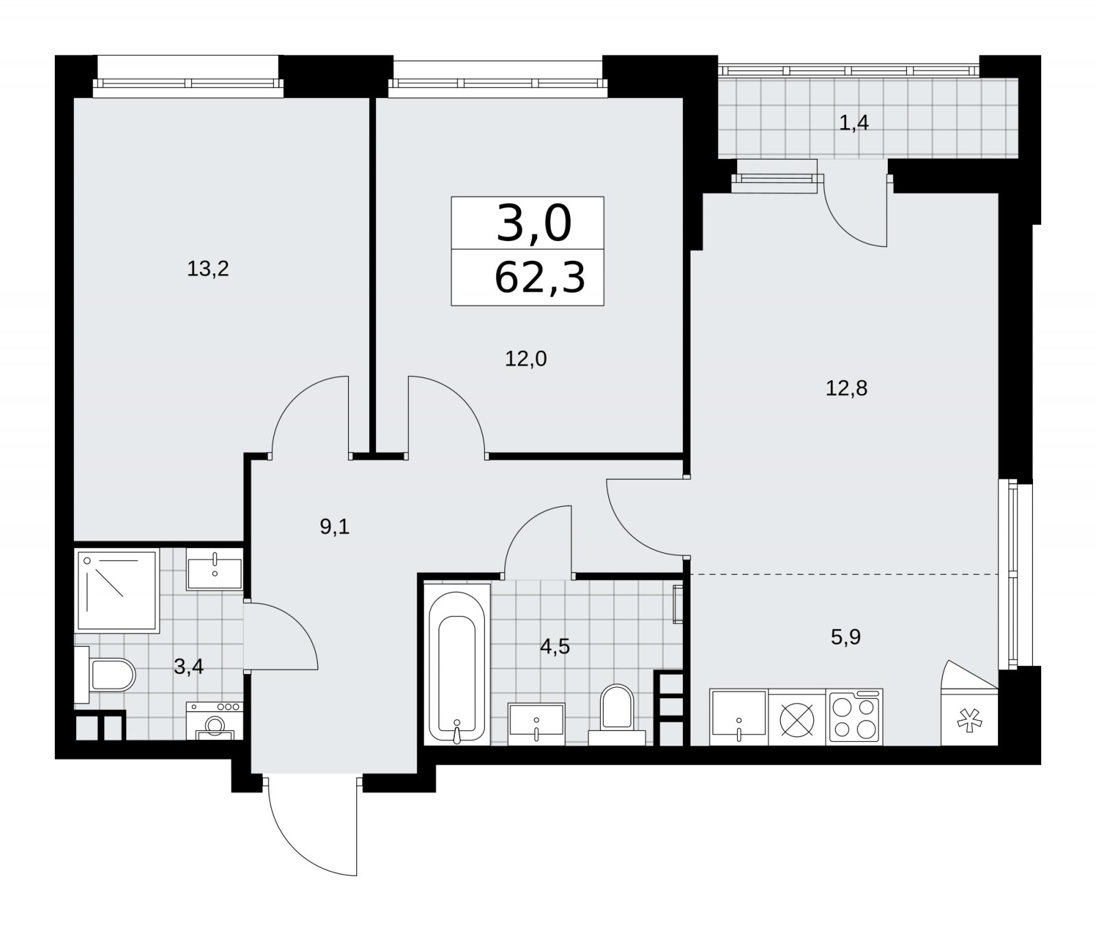 3-комнатная квартира (евро) без отделки, 62.3 м2, 3 этаж, сдача 1 квартал 2026 г., ЖК Дзен-кварталы, корпус 3.2 - объявление 2241665 - фото №1