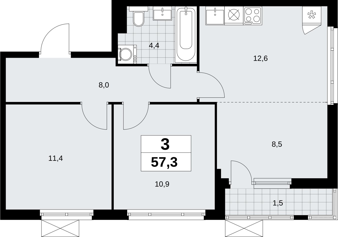 3-комнатная квартира (евро) с полной отделкой, 57.3 м2, 2 этаж, сдача 3 квартал 2026 г., ЖК Дзен-кварталы, корпус 6.1.3 - объявление 2328100 - фото №1