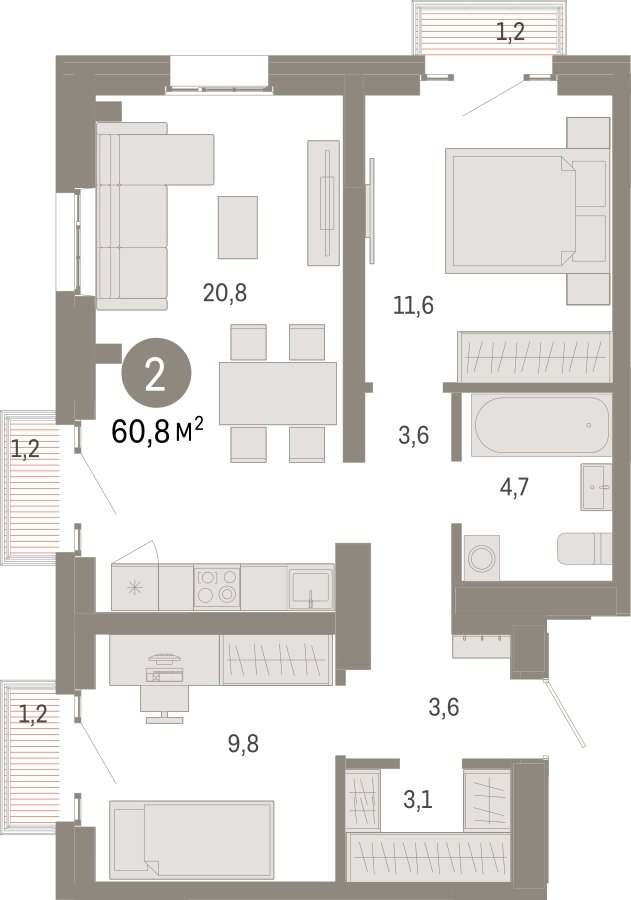 2-комнатная квартира 60.8 м2, 15 этаж, сдача 3 квартал 2026 г., ЖК Квартал Метроном, корпус 1 - объявление 2324151 - фото №1
