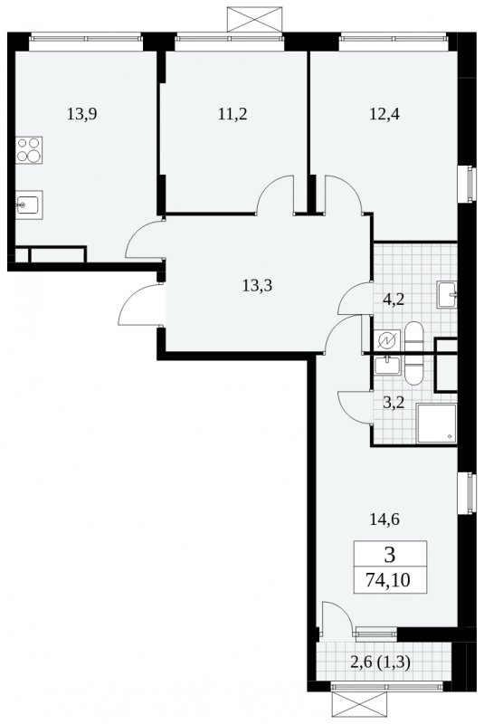 3-комнатная квартира с частичной отделкой, 74.1 м2, 16 этаж, сдача 2 квартал 2025 г., ЖК Прокшино, корпус 5.1.2 - объявление 1860197 - фото №1